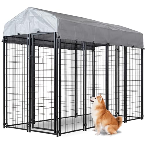 Kicari Large Dog Kennel Outside with Roof, Heavy-Duty Indoor Outdoor Dog Run Dog Enclosure with Removable Cover, Dog Pens Outside Playpen with Latch-Lock, 4x8x6 Ft