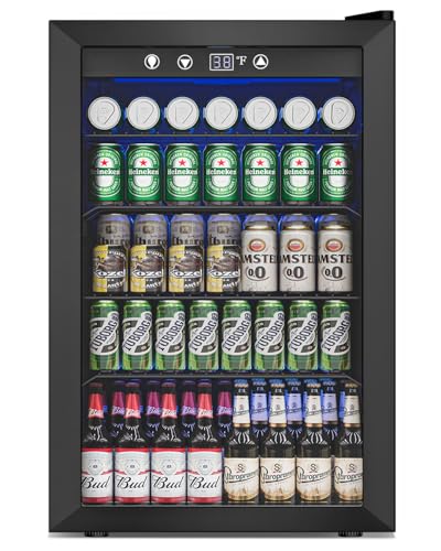 Image of Feelfunn 4.5 Cu.Ft Beverage Refrigerator Cooler - 145 Can Mini Fridge Glass Door for Soda Beer Wine, Small Refrigerator for Bedroom Office Home Bar, 4 Adjustable Shelves, Black