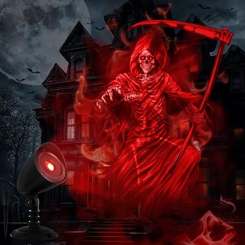 Sensenmann 3D Dynamische Halloween Projektor mit Timer, Wasserdicht LED Projektionslampe mit Rot Sensenmann für Wand, Fenster, Garten, Hof, Party Deko Outdoor