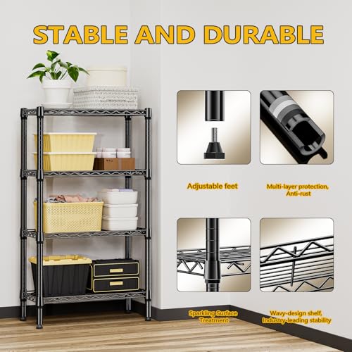 Image of M MZG 1000 lbs 4 Tier Shelf Metal Storage Shelves Wire Rack Closet Organizers for Garage Kitchen Bathroom Laundry Black 11.8 inch D x 25.6 inch W x 45.5 inch H