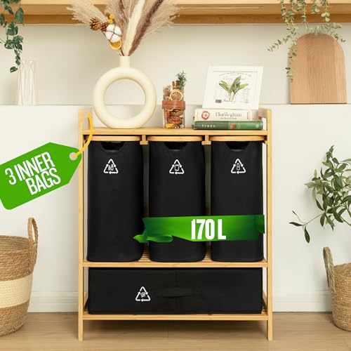 Terratur Cubo de reciclaje para cocina con 4 compartimentos, 42 galones, estación de reciclaje de bambú extraíble con bolsas de basura lavables, contenedor de basura y estante de almacenamiento