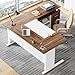Tribesigns 63 Inch Executive Desk with File Cabinet, L Shaped Office Desk with Drawers and Storage Shelves, Business Furniture Set Workstation for Home Office, White and Walnut
