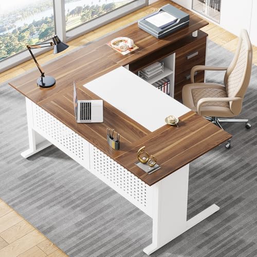 Image of Tribesigns 63 Inch Executive Desk with File Cabinet, L Shaped Office Desk with Drawers and Storage Shelves, Business Furniture Set Workstation for Home Office, White and Walnut