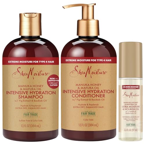 Shea Moisture Shampoo & Conditioner Set + Ultra Moisture & Nourish Oil Gift Set – Manuka Honey & Mafura Oil Treatment for Dry, Damaged Hair (3 Piece Set)