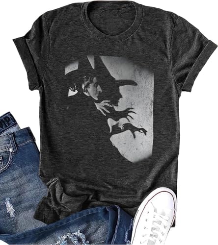 UYIQL Halloween Shirts for Women Scary Witch Shirts Wizard Shadow Graphic Short Sleeve Tops Black L