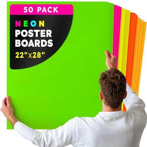 Image of Hygloss Medium Poster Board 22x28 - 50 Assorted Neon Color Bulk Pack - 10 Pt. Thickness Colored Poster Board Paper for Projects, Signs, Displays - Posterboard Multipack 22 inch x 28 inch