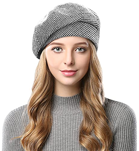 Wantonfy Damen Barett Wolle Baskenmütze Hahnentrittmuster...