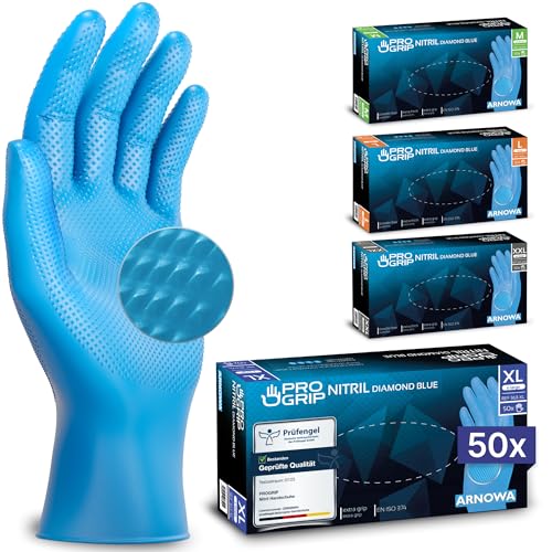 PROGRIP Einweghandschuhe Diamant Grip, Blau, Einmalhandschuhe Extra Stark, Nitrilhandschuhe Gr.