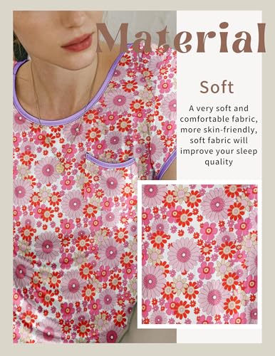 Image of Ekouaer Womens Nightgown Sleep Shirt Dress Satin Patchwork Short Sleeve Sleepwear with Pocket