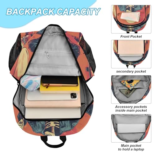 Travel Backpack Lunch Bag Set for Hiking Picnic, Backpacks with Insulated Lunch Box Skull Play Drum Print4