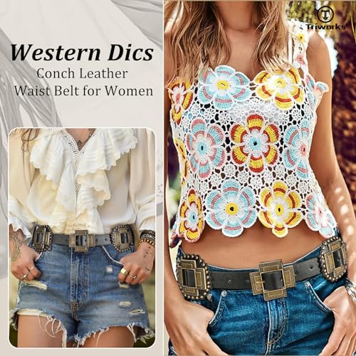 Women Western Concho Leather Belt Cowgirl Boho Belt Chunky for Dresses Concert Festival2