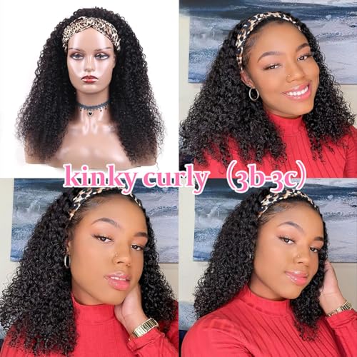 Image of Headband Wig Human Hair Kinky Curly for Black Women 14 Inch Natural Colour | Deep Curly Human Hair Wigs None Lace Front Wig,Brazilian Virgin Hair,Glueless Wear Go Beginner Friendly,Quick Install