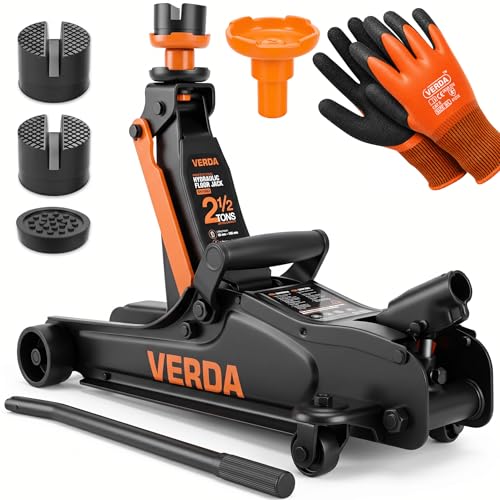 Verda Hydraulischer Wagenheber 2,5T, 85-365 mm, 3X Gummi, robuster Handgriff, Rangierwagenheber PKW, Profi, Ständer, Flache, Wohnmobil, Geländewagen, Heber, Arbeitshandschuhe, Autoheber