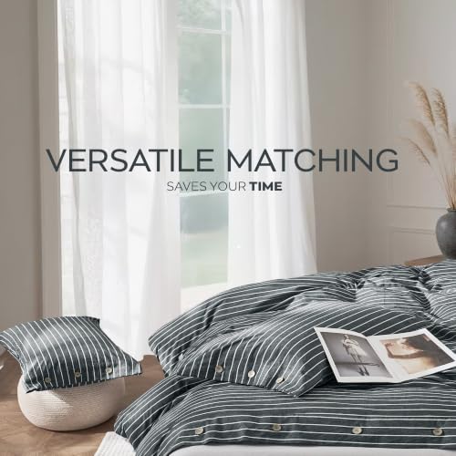 Image of JELLYMONI Cotton Duvet Cover Full Size - Gray Pinstriped Comforter Cover with Button 100% Washed Cotton 3PCS Breathable Soft Solid Bedding Set Duvet Cover 80x90in & 2 Pillowcases (NO Comforter)