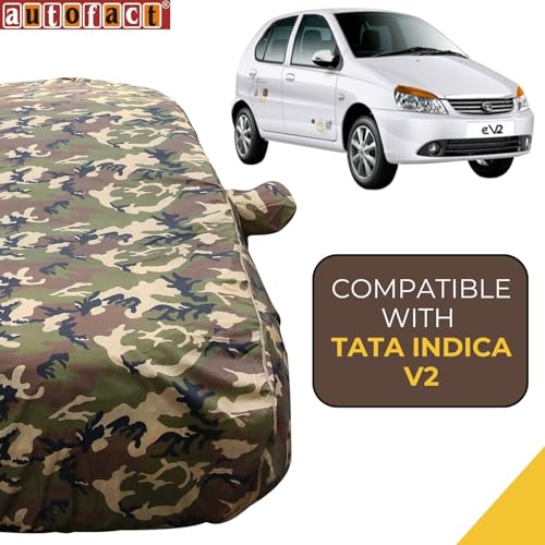 Image of Autofact Waterproof Car Body Cover Compatible with Tata Indica V2 (2003 to 2013), with Mirror Pockets, 4 x 4 American Matty, Long Lasting Strong Durable Material, Camouflage Army Look
