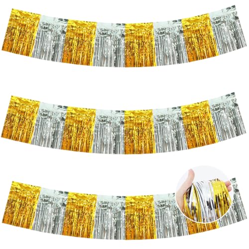 Image of BEISHIDA 3 Pack Gold Silver Foil Fringe Garland 30ft Wall Tinsel Banner