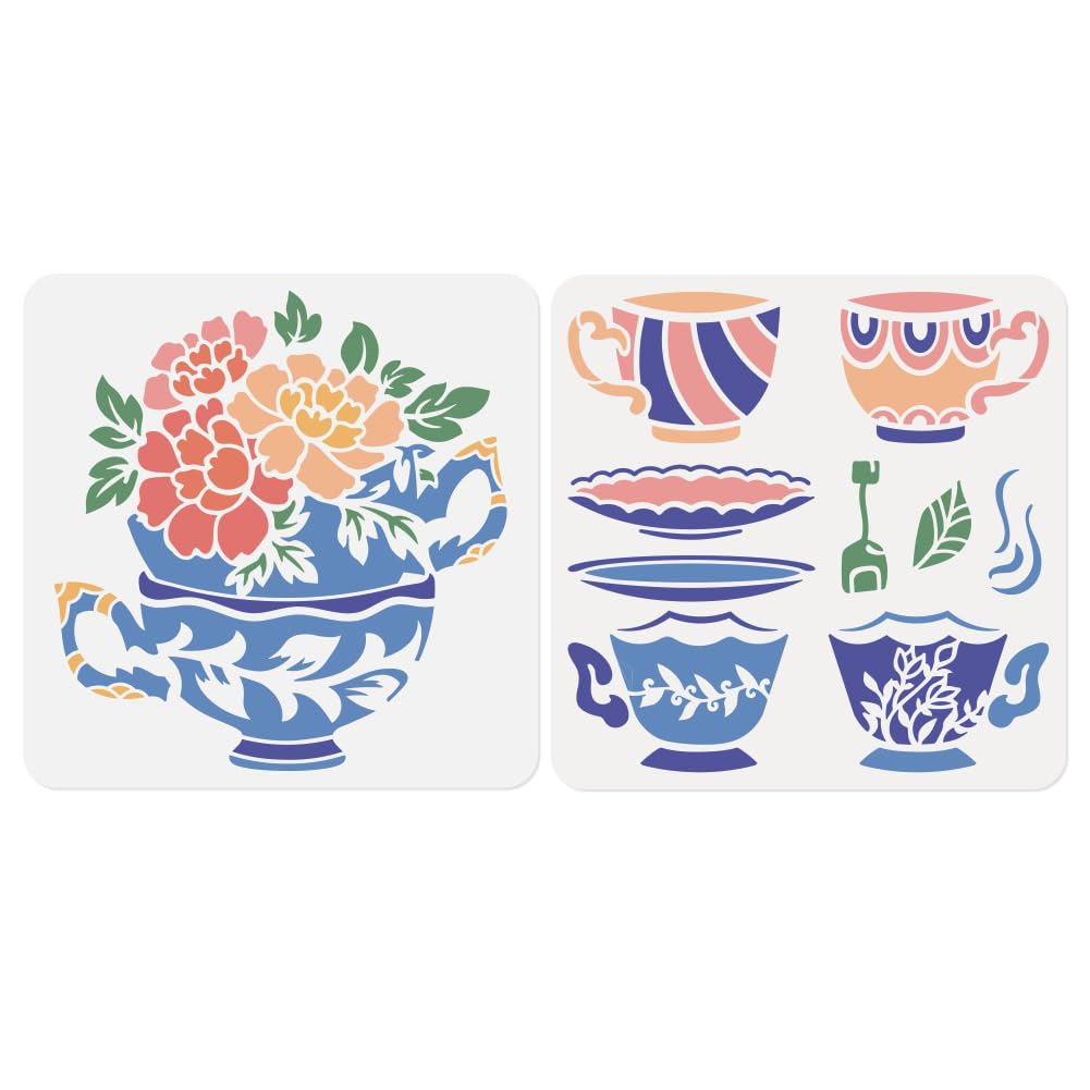 2sheet Coffee & Tea Cups Flowers Wall Stencils for Painting, 11.8"x11.8" Cup Plate Reusable Stencils for Kitchen, Paint Templates DIY Craft Art