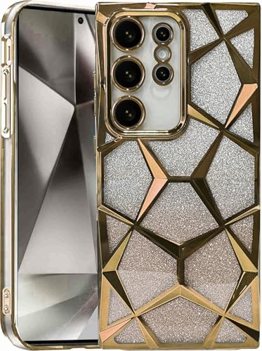 Image of VONZEE Gradient Glitter Case for Samsung S25 Ultra, Luxury Electroplated 3D Cube, Diamond Bling Shiny Soft TPU Clear Shockproof Women Girls Protective Phone Cover (Gold)