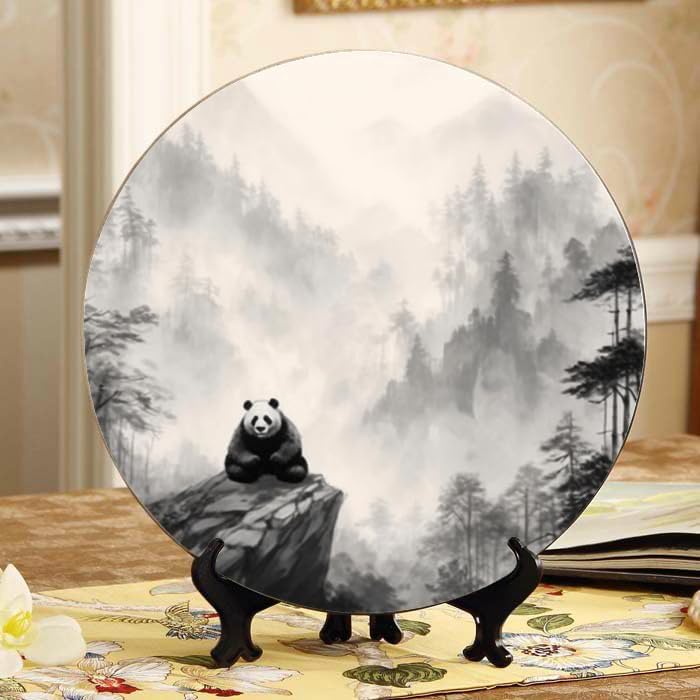 Panda in The Misty Mountains and Bamboo Grove 10-inch Ceramic Plate for Wall Display or Tabletop, with Stand & Hook DP-174048546