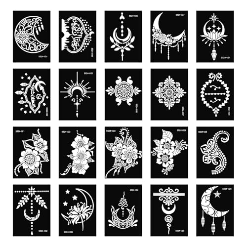 20 Sheets Temporary Tattoo Stencil Kit, Tattoo Templates for Real Tattoos Mehndi Stencils for Kids Teens Adults Body Paint