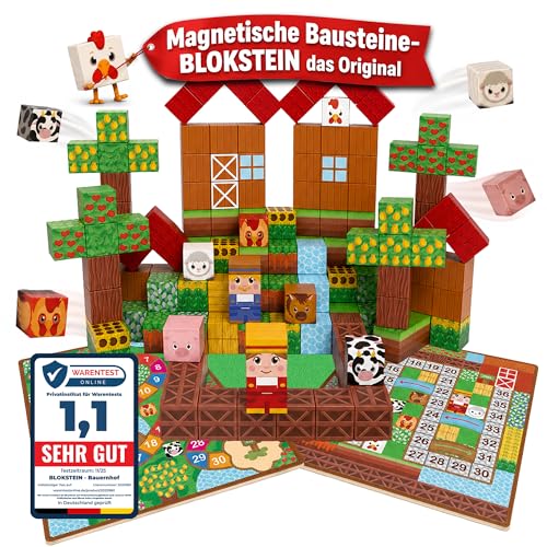 BLOKSTEIN Magnetische Bausteine inkl. Brett- & Spielkarten I 154 Teile I 2 5 cm große Magnetbausteine I Montessori Spielzeug ab 3 I Magnetic Building Blocks für Kinder I Pädagogisches Magnetspiel