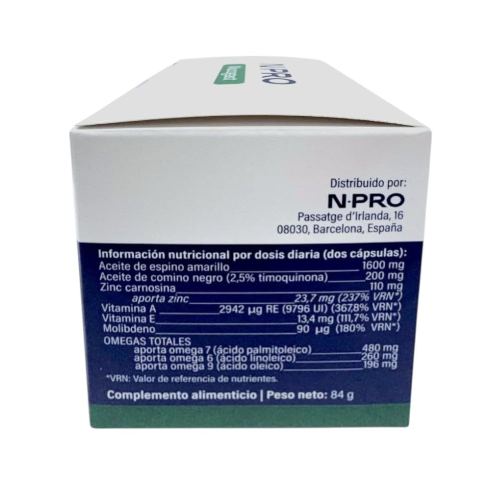 NPro SALUD INTESTINAL Mucogast 60 Perlas – Suplemento con Aceite de Espino Amarillo Omega 7, Comino Negro, Zinc y Carnosina – Protección y Cuidado de la Mucosa Gástrica
