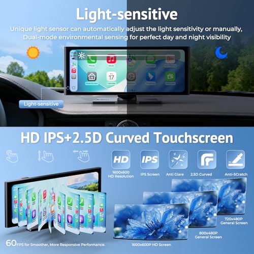 Wonsidary 10.26" HD Wireless CarPlay Screen for Carplay & Android Auto Touch Screen,4K Dash Cam,1080P Backup Camera,Mirror Link,Voice Control,GPS,Bluetooth,64G TF,for All Vehicles by Wonsidary - Image 6