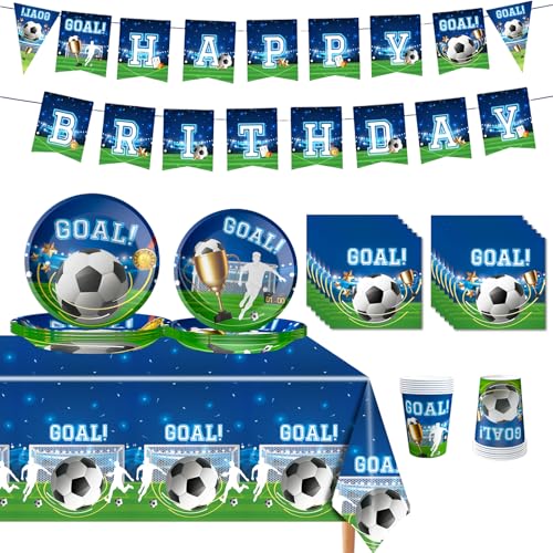Soccer Birthday Party Supplies Kit, Soccer Theme Party Decorations - Serves 24 with Dinner Plates, Cups, Napkins, Tablecloth & Birthday Banner for Boys Girls Sports Themed Celebration Blue