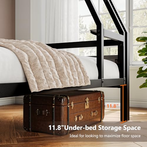 Image of iPormis Metal Bunk Bed Twin Over Full, Heavy Duty Bunk with High Guardrail and Safety Entrance Design, Under-Bed Storage Space, Easy Assembly, Noise Free, Black