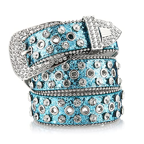 Goth Rhinestones Belts Women PU Leather Straps Rhinestones Belts Cowgirl Girls Fashion Belt for Jeans Men, Approx. 105x3.5cm/ 41.33x1.37in, Blue