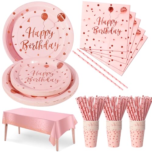 Nkaiso Aniversários louça de festa 121 peças rosa e rosa dourado conjunto de louça de papel para pratos copos e guardanapos artigos de decoração para festas - 24 convidados