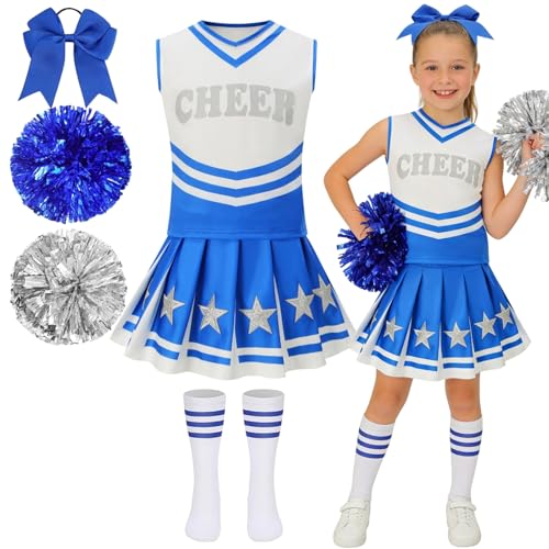 Girls Cheerleader Costume 5 PCS Shiny Star Style Kids Cheerleader Outfit with Pull Ring Pom Poms, Top, Skirt