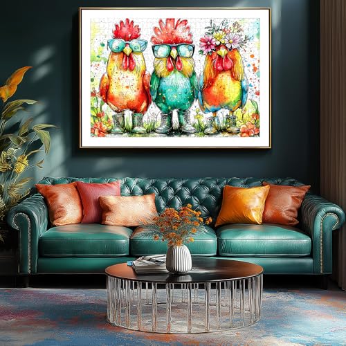 Image of Colorful Roosters 500 Piece Puzzles for Adults Watercolor Farm Animal Jigsaw Puzzles Fun Roosters Wearing Sunglasses Puzzle with Letters on Back Challenging Family Seniors Puzzle (23 inchX15 inch)