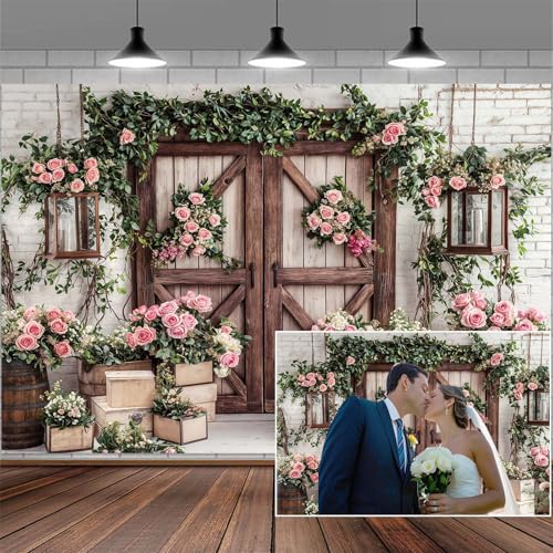 8x6ft Country Wedding Photography Backdrop Floral Rustic Roses Farmhouse Wooden