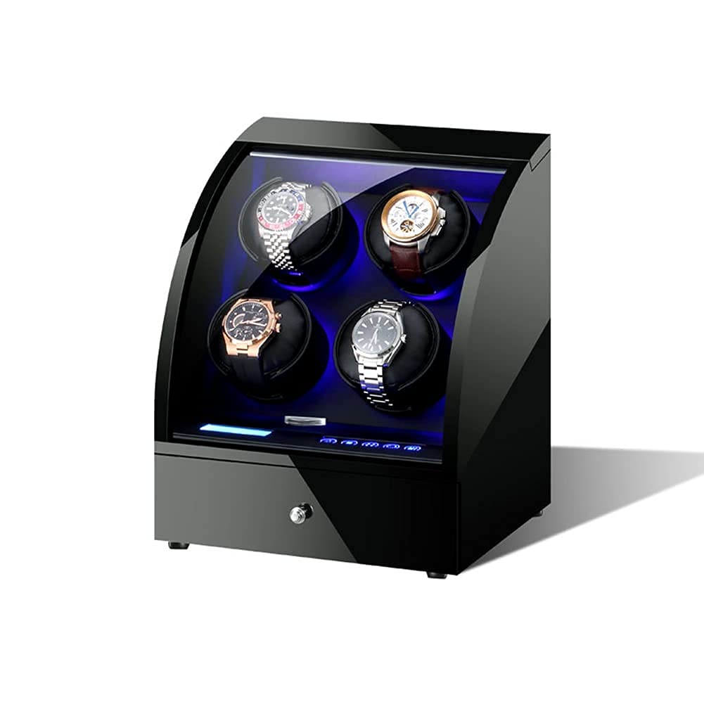 Uhrenbeweger für 4 Automatikuhren mit superleisem Motor, 15 Rotationsmodi, LCD-Display, Touchscreen, LED-Beleuchtung und Fernbedienung.，