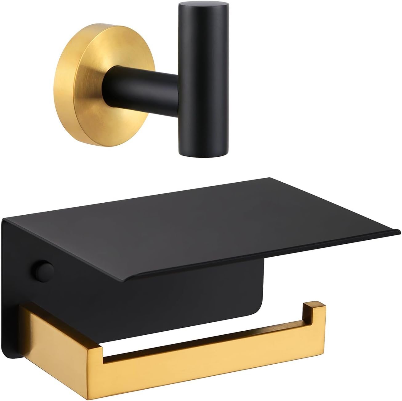 Angle Simple Robe Hook Bundle with Toilet Paper Holder with Shelf (Black & Gold)