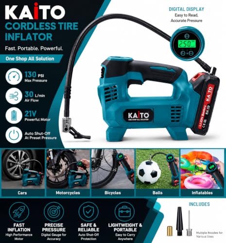 Image of KAITO Portable Tire Inflator Air Compressor 21 V Li-Ion Battery | | 130 PSI Max Pressure | Auto Shut-Off | LED Light | Cordless Design for Cars, Bikes & Balls