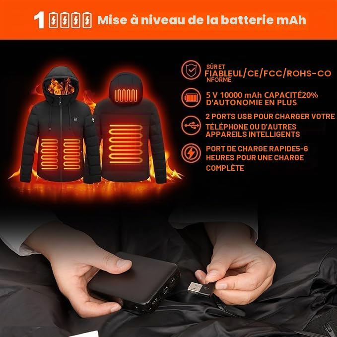Veste Chauffante Homme Femme avec Capuche Doudoune Chauffante Manteau Chauffant Avec Batterie 10000 mAh 3 niveaux de température 4 Zones de Chauffage Lavable à l'eau pour Ski Pêche Randonnée Plein Air
