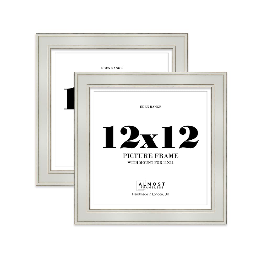 12x12" Light Grey Square Picture Frame with 11x11" Mount - Shabby Chic Photo Frame with Distressed Finish, Gold Trim, Wall Hooks and Kickstand, 37mm Edge - 2 Pack