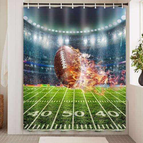 Hajmsug American Football Shower Curtain Sports Theme Bath Curtain Set Stadium Field Soccer Green Cloth Bathroom Decor Set Home Decorative Polyester Green Cloth Fabric with Hooks 71X71 Inch by Hajmsug - Used condition - Image 3