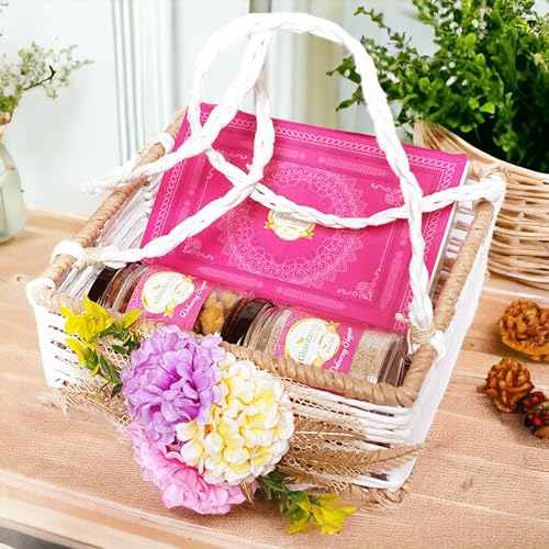 Ghasitaram Gifts Jaiccha Holi- Sweets/Holi Hampers/Thandai Jute Square Flower Basket of Gujiyas, Bhakar Wadi and Thandai