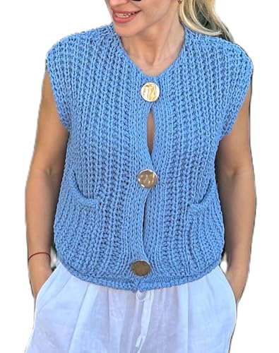 Image of UAURORAO Women Chunky Sweater Vest Button Down Crochet Cable Knit Cardigan Sleeveless Open Front Knitted Crop Waistcoat