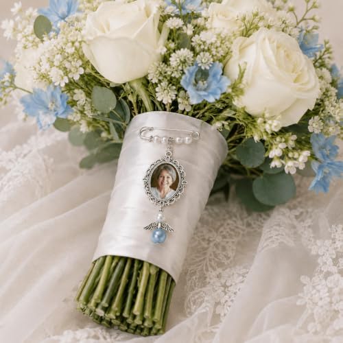 Image of MIXJOY Something Blue Gift for Bride, Wedding Day Bridal Blue Pearl Angel Wings Bouquet Garter Charm for Bride to Be