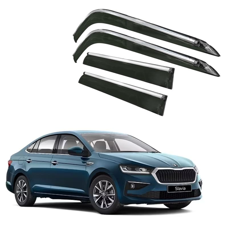 Image of CAR SAAZ Side Door Visors for Slavia (2022-present)(Set of 4Pcs)|Chrome Lined Rain Guards, Polycarbonate, Smoke Finish