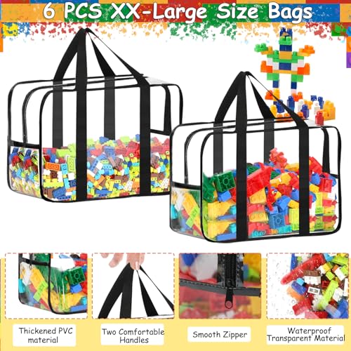 Image of 6 Packs XXL Toy Storage Bags 16.5x11.8x6.8In with Labels, Large Capacity Reusable Clear PVC Board Game Storage, Travel Waterproof Organizer Bags with Zipper