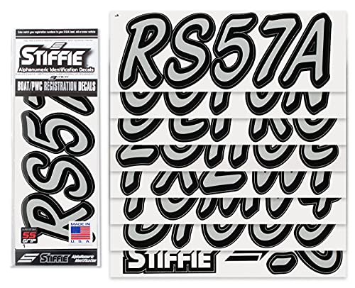 Image of Whipline Solid Silver /Black 3 inch Alpha-Numeric Registration Identification Numbers Stickers Decals for Boats & Personal Watercraft