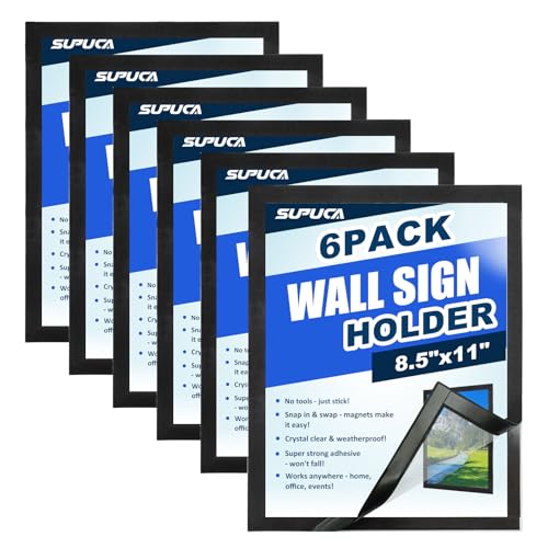 Supuca Magnetic Sign Holder & Picture Frame 8.5 x 11 - Self-Adhesive Magnetic Frames with Strong Magnet Border, Clear PVC Document/Poster/Paper Wall Mount Holder for Home Office Store, 6 Pack