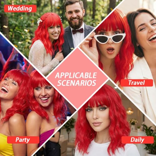 Image of Pastel Dark Red Wavy Bob Wig for Women, Short Shoulder Length Synthetic Wig with Bangs, Matte Natural Realistic Look Lightweight Hairpiece, Red Color for Daily Wear & Cosplay Costume