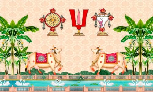 Image of varamahalakshmi Backdrop Cloth | Govinda Namam Pichwai Backdrop with Shanku Chakra Namam Festive Curtain 5x8 Feet | Background Decoration Cloth
