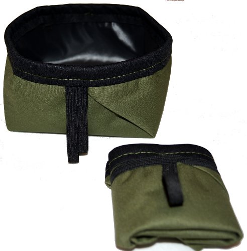 **Made In Usa 100% Waterproof Washable Fabric Collapsible Folding Travel Pet Dog Water Bowl (Jogging, Hiking, Camping Or Car)(Sage Green With Black Trim; Trail Runner) #TOP14